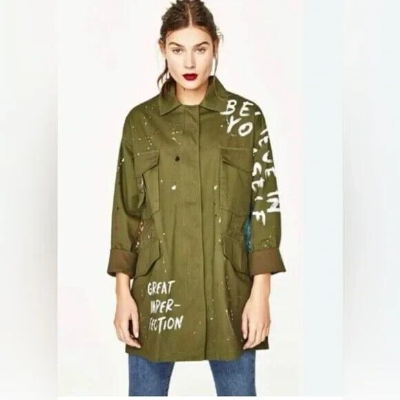 Zara Trafaluc Anorak Utility Jacket Army Green Sequin Embroidered Full Z… - Picture 1 of 13